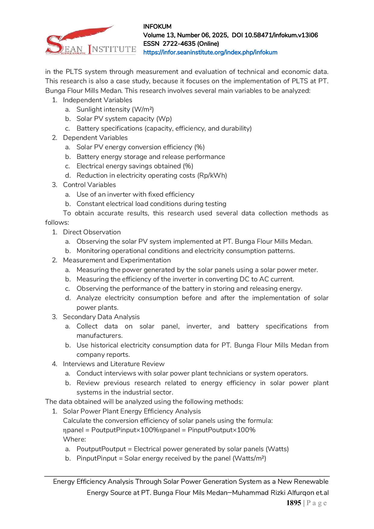 JURIS Energy Efficiency Analysis Through Solar Power Generation System as a New Renewable Energy Source at PT Bunga Flour Mils Medan