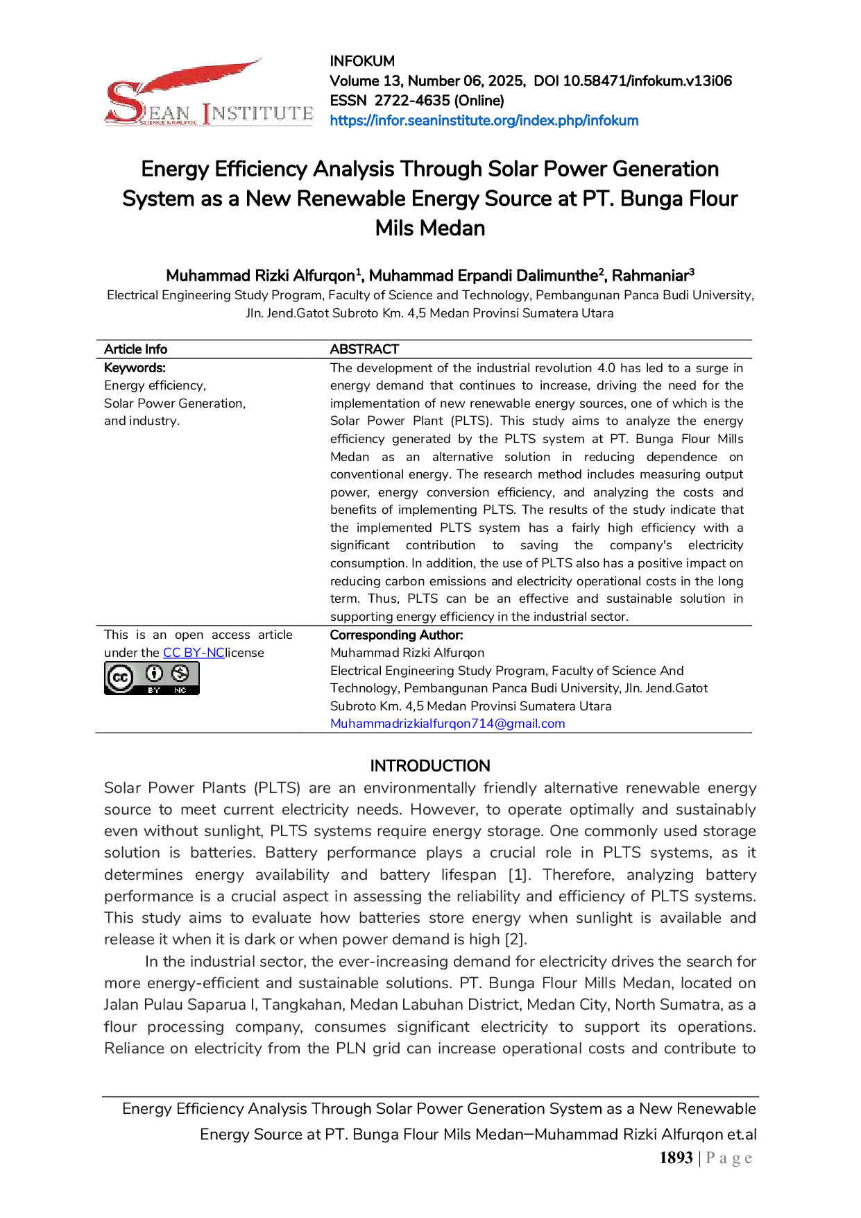 JURIS Energy Efficiency Analysis Through Solar Power Generation System as a New Renewable Energy Source at PT Bunga Flour Mils Medan