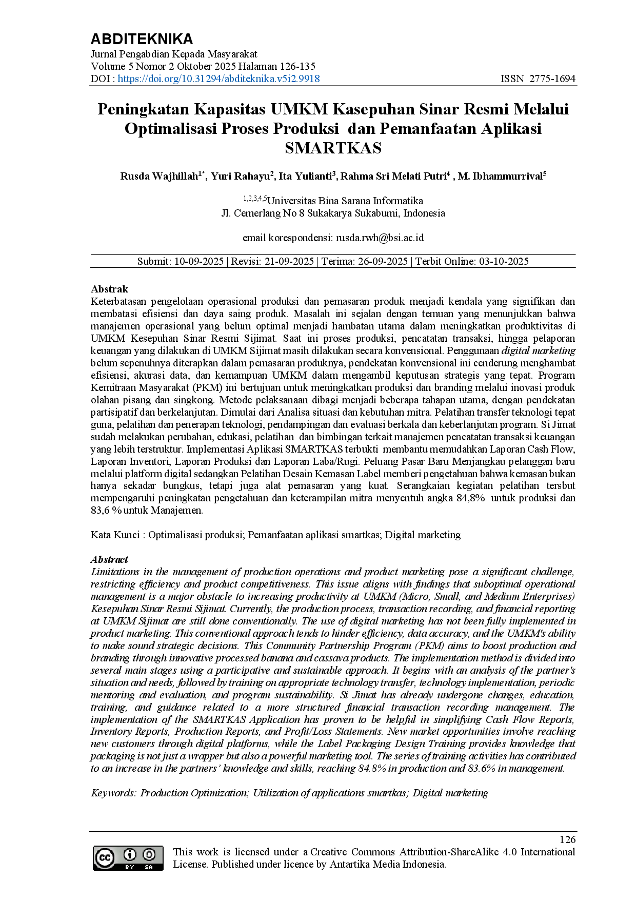 juris Peningkatan Kapasitas UMKM Kasepuhan Sinar Resmi Melalui Optimalisasi Proses Produksi dan Pemanfaatan Aplikasi SMARTKAS