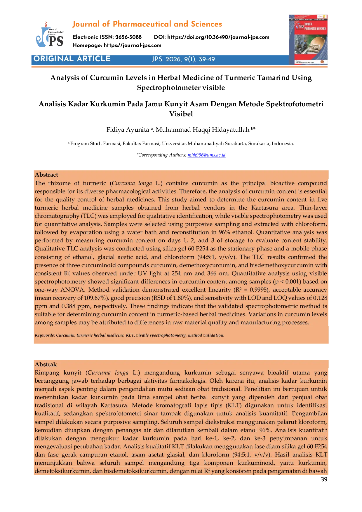 JURIS Analysis of Curcumin Levels in Herbal Medicine of Turmeric Tamarind Using Spectrophotometer Visible