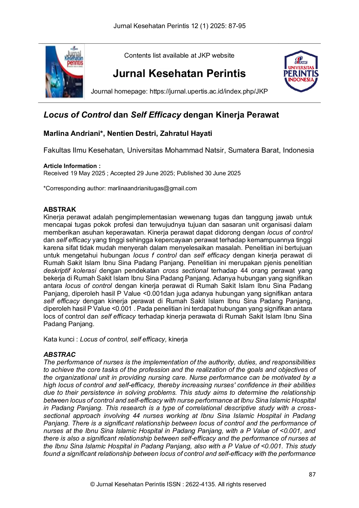 JURIS Locus of Control dan Self Efficacy dengan Kinerja Perawat