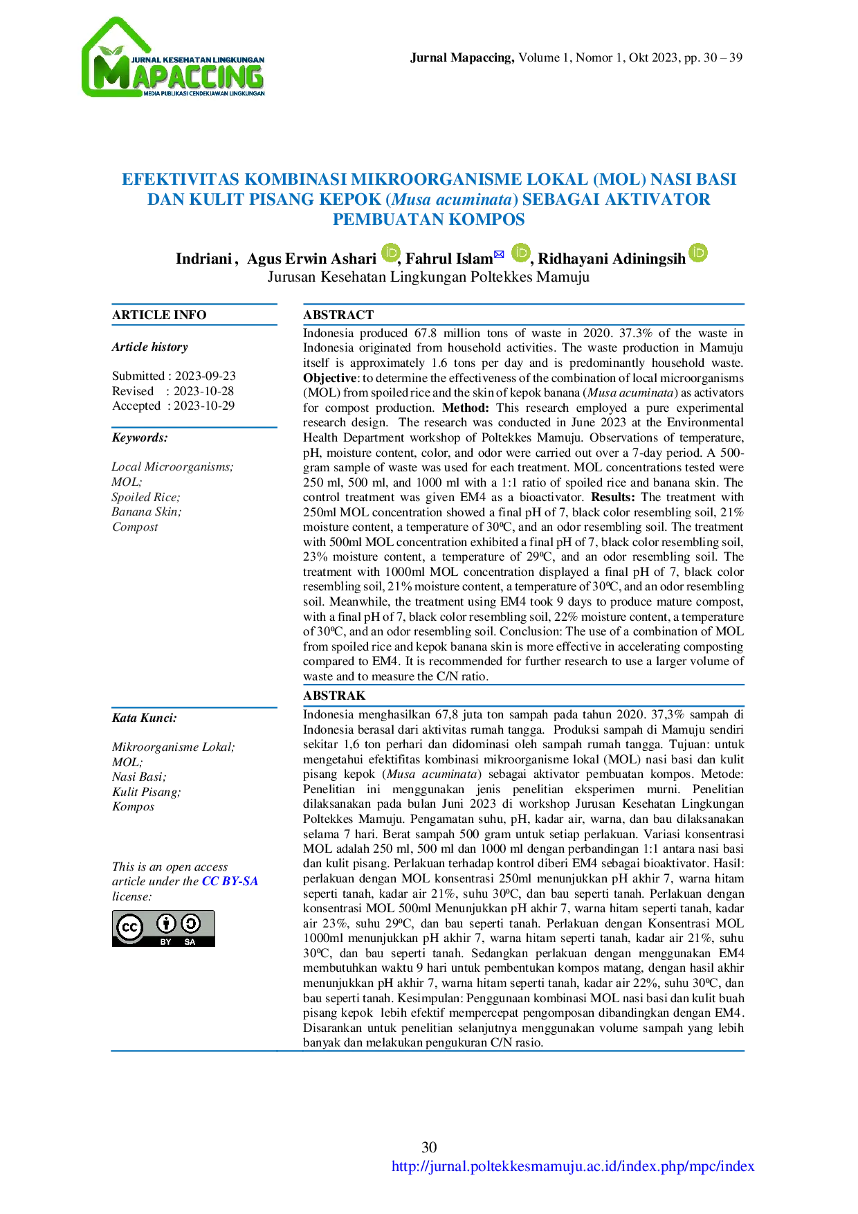 JURIS Efektivitas Kombinasi Mikroorganisme Lokal Mol Nasi Basi Dan Kulit Pisang Kepok Musa Acuminata Sebagai Aktivator Pembuatan Kompos