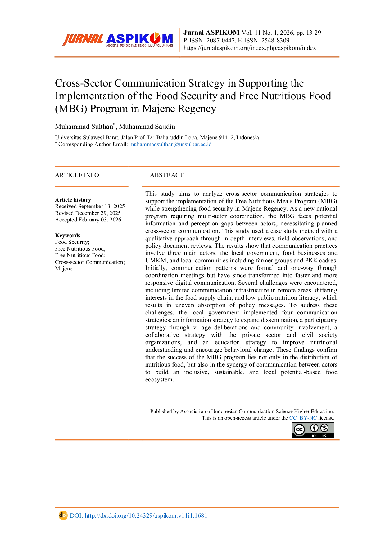 JURIS Cross Sector Communication Strategy in Supporting the Implementation of the Food Security and Free Nutritious Meals MBG Program in Majene Regency
