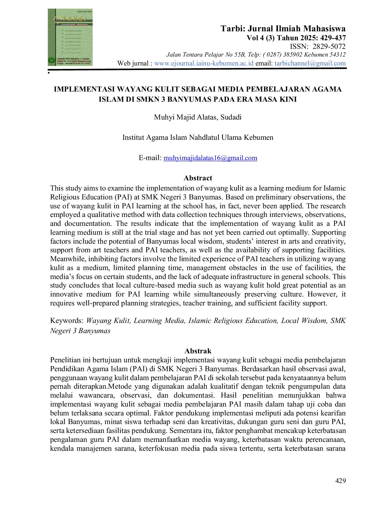 JURIS Implementasi Wayang Kulit Sebagai Media Pembelajaran Agama Islam di SMKN 3 Banyumas Pada Era Masa Kini