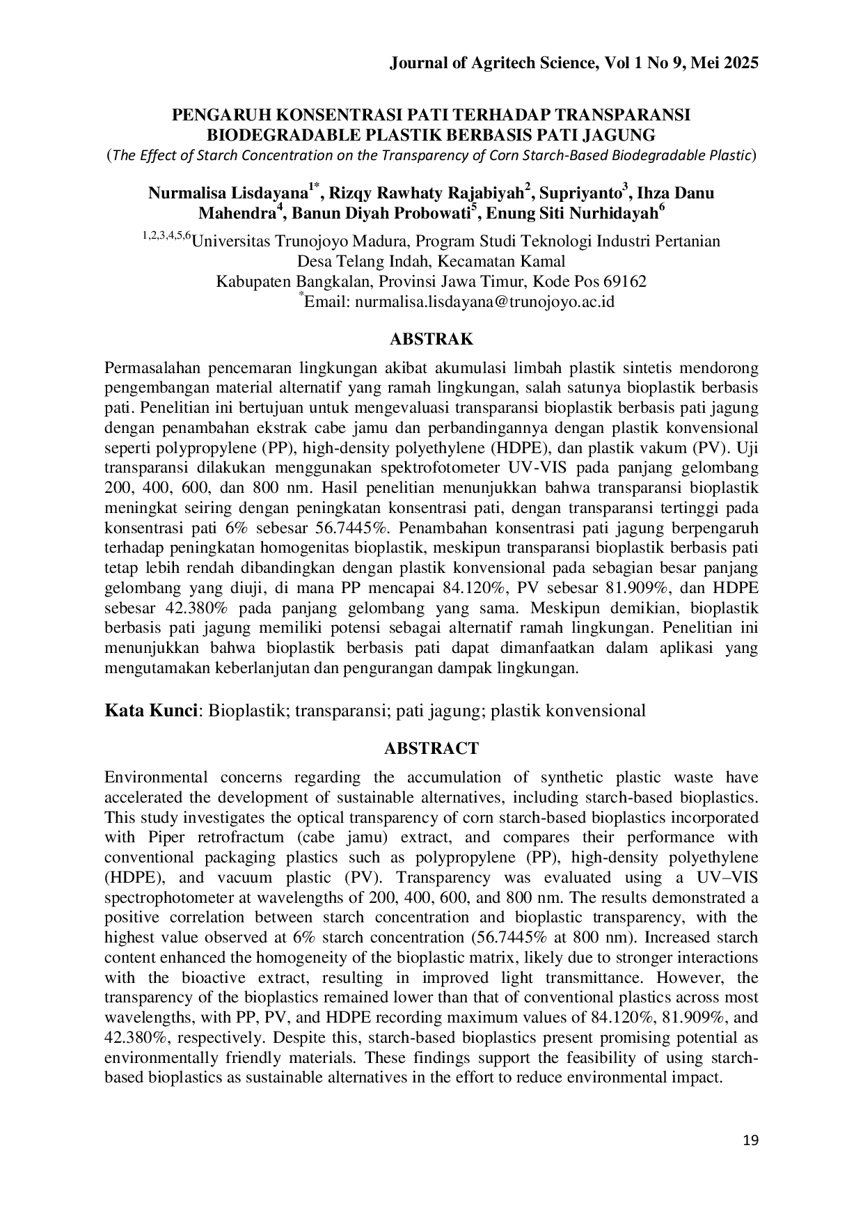 JURIS Pengaruh Konsentrasi Pati Terhadap Transparansi Biodegradable Plastik Berbasis Pati Jagung