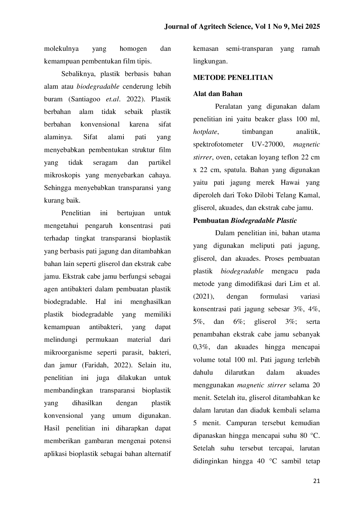 JURIS Pengaruh Konsentrasi Pati Terhadap Transparansi Biodegradable Plastik Berbasis Pati Jagung