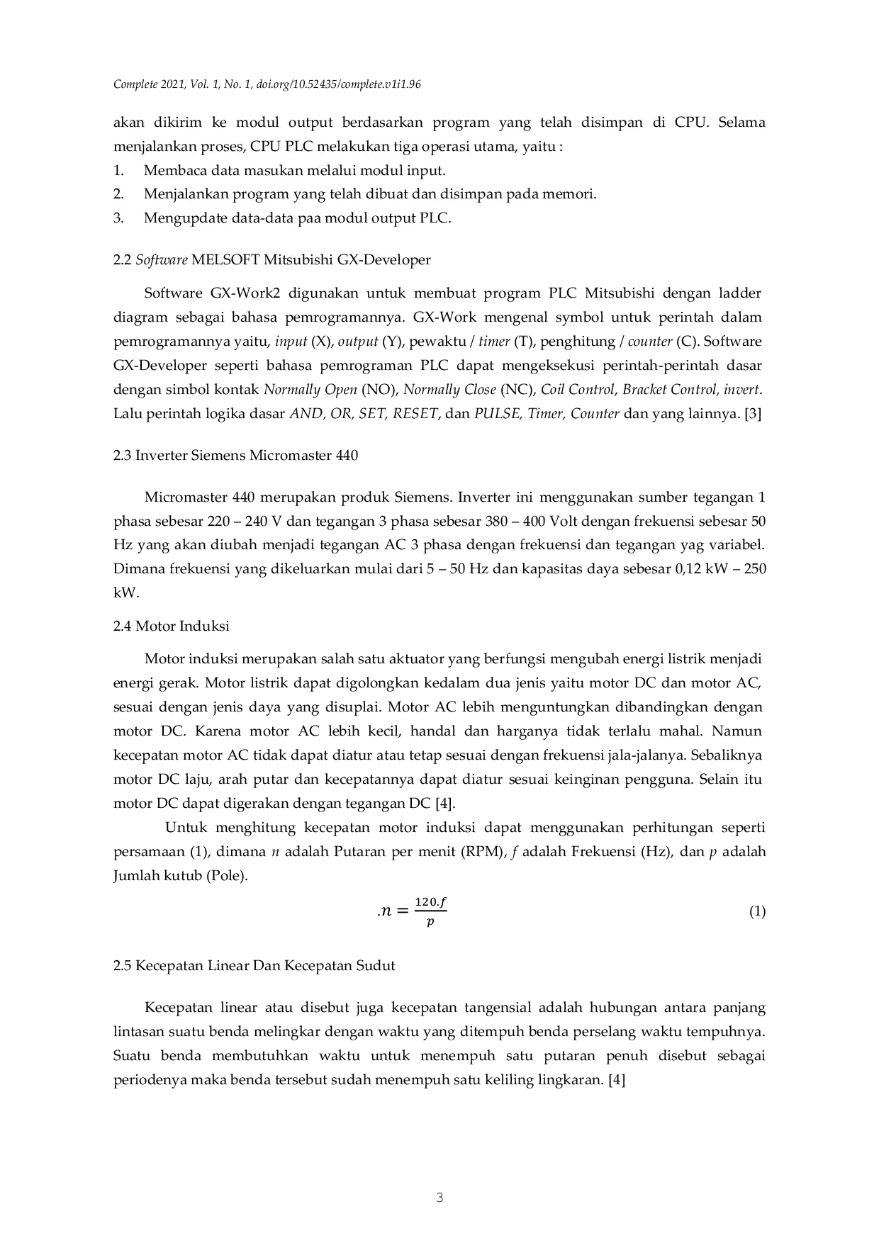 JURIS Perancangan Sistem Kontrol Sinkronisasi Kecepatan Conveyor Feeding Dengan Kecepatan Calender Berbasis Inverter di Mesin Calender Plant R