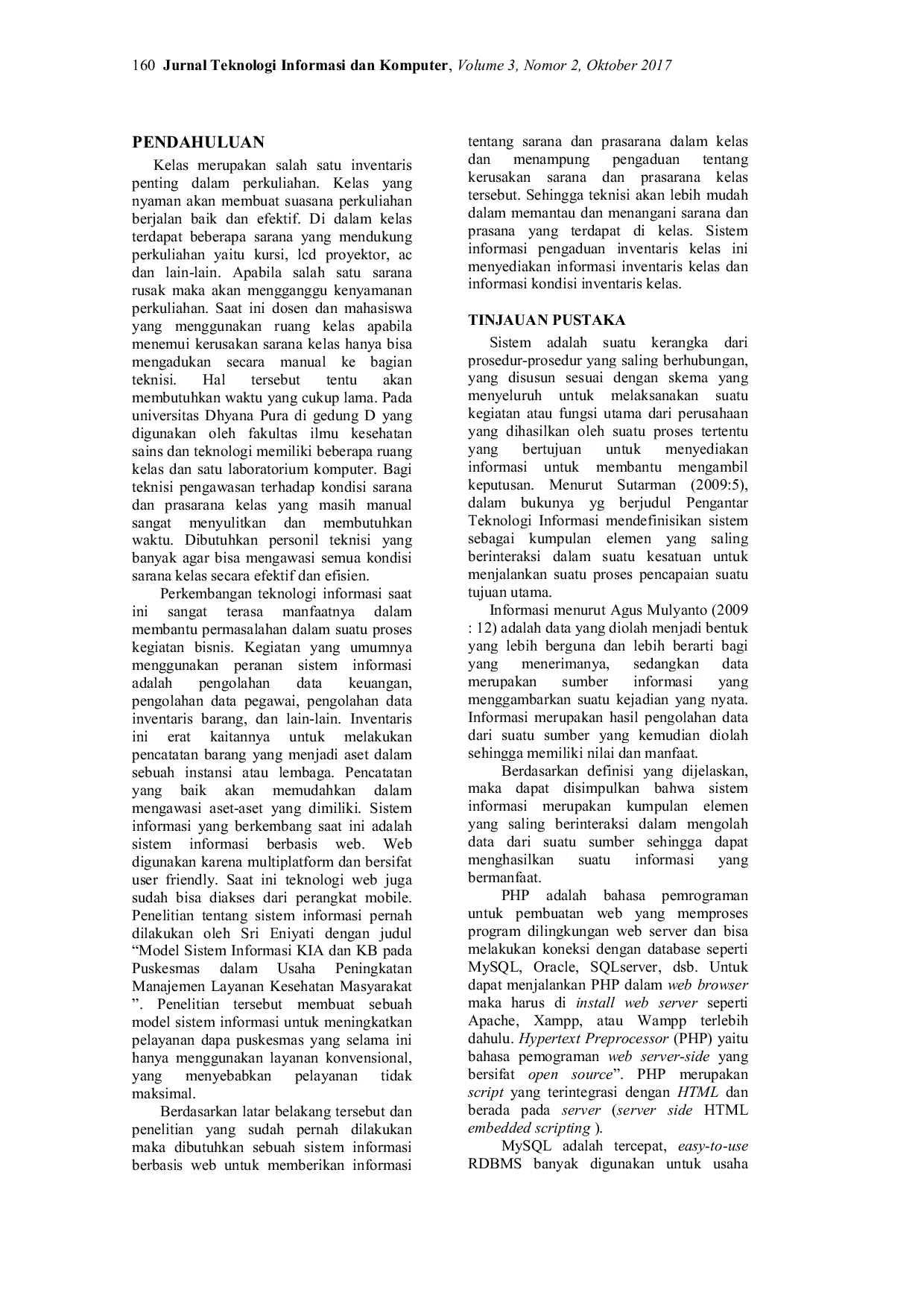 JURIS Sistem Informasi Pengaduan Inventaris Kelas Studi Kasus Pada Fikst Universitas Dhyana Pura