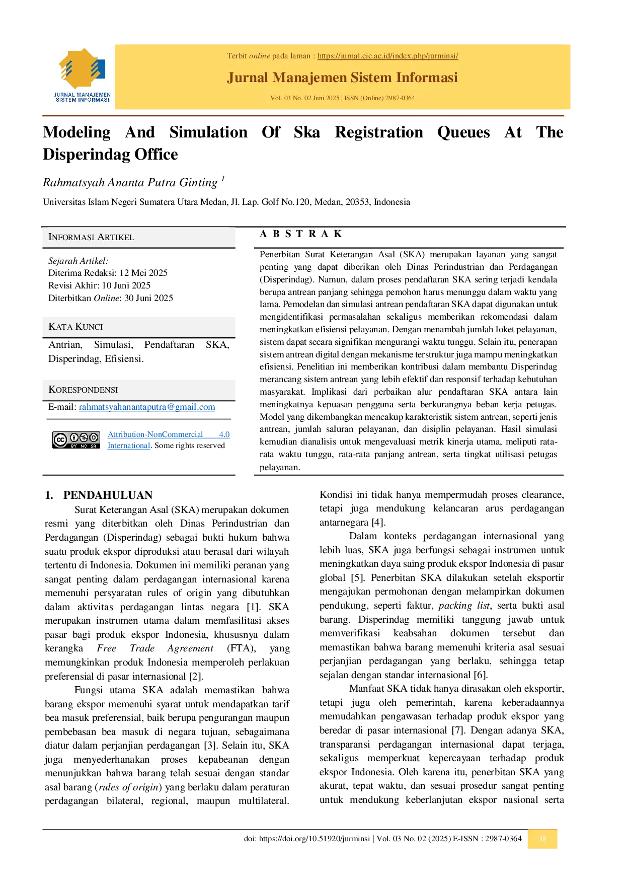 JURIS Modeling And Simulation Of Ska Registration Queues At The Disperindag Office