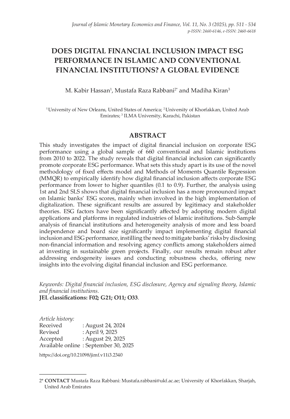 JURIS Does Digital Financial Inclusion Impact ESG Performance in Islamic and Conventional Financial Institutions A Global Evidence