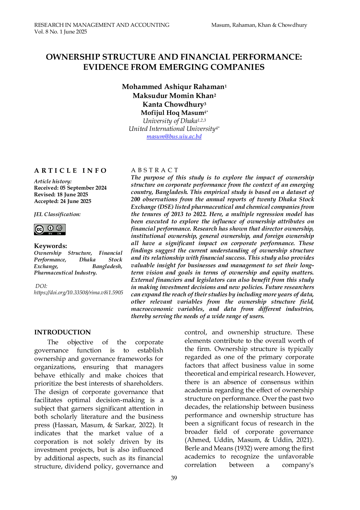 JURIS Ownership Structure and Financial Performance Evidence from Emerging Companies
