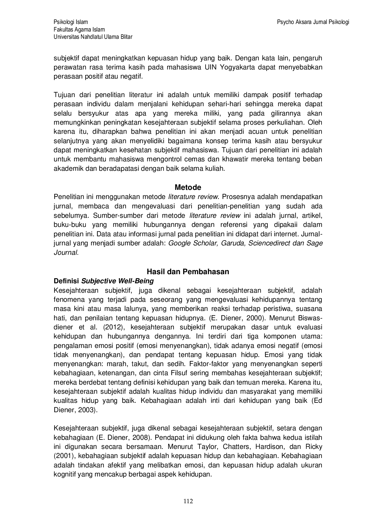 JURIS Peran Gratitude untuk Meningkatkan Subjective Well Being pada Mahasiswa