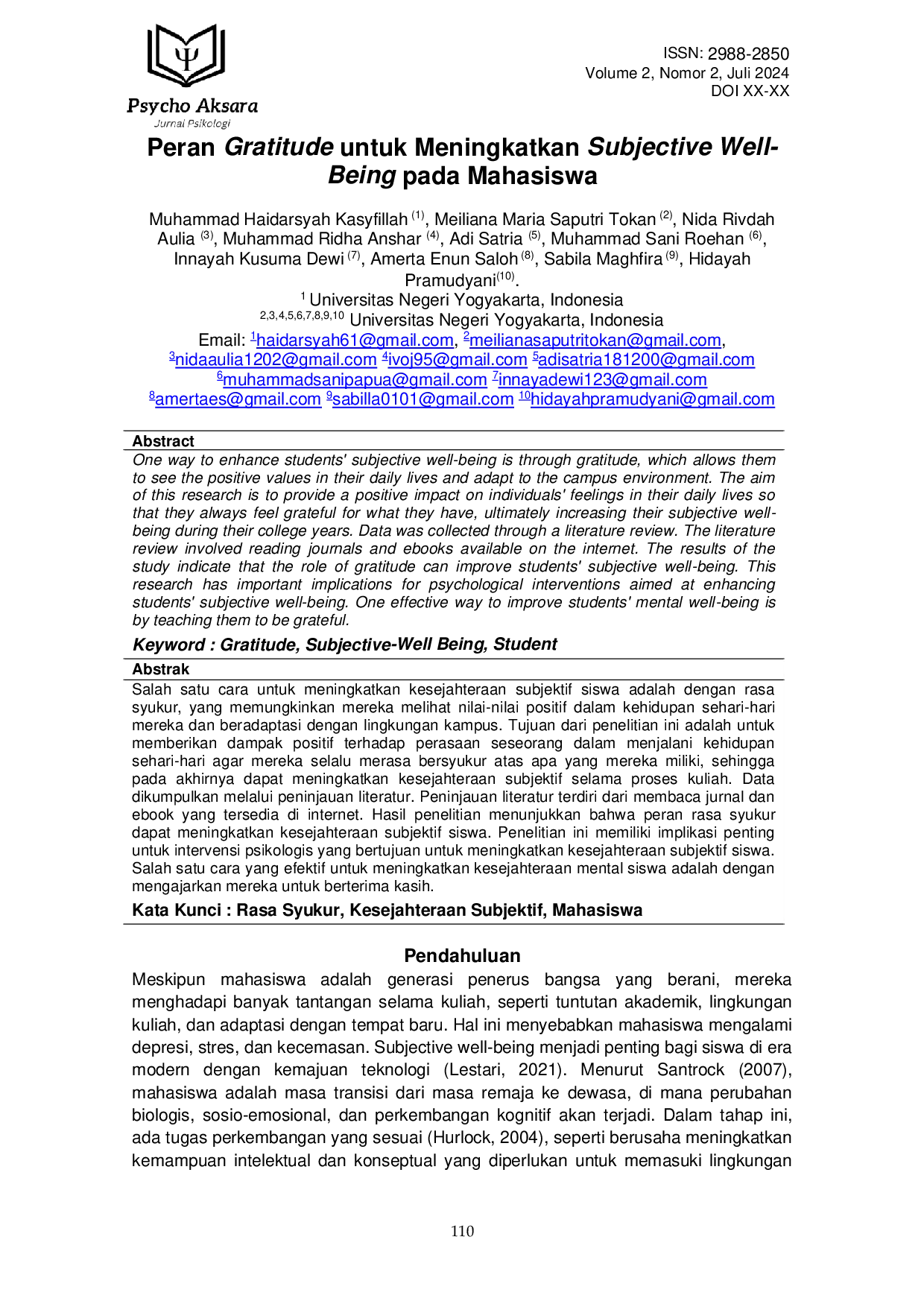 JURIS Peran Gratitude untuk Meningkatkan Subjective Well Being pada Mahasiswa