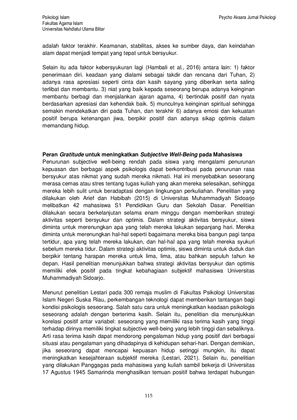 JURIS Peran Gratitude untuk Meningkatkan Subjective Well Being pada Mahasiswa