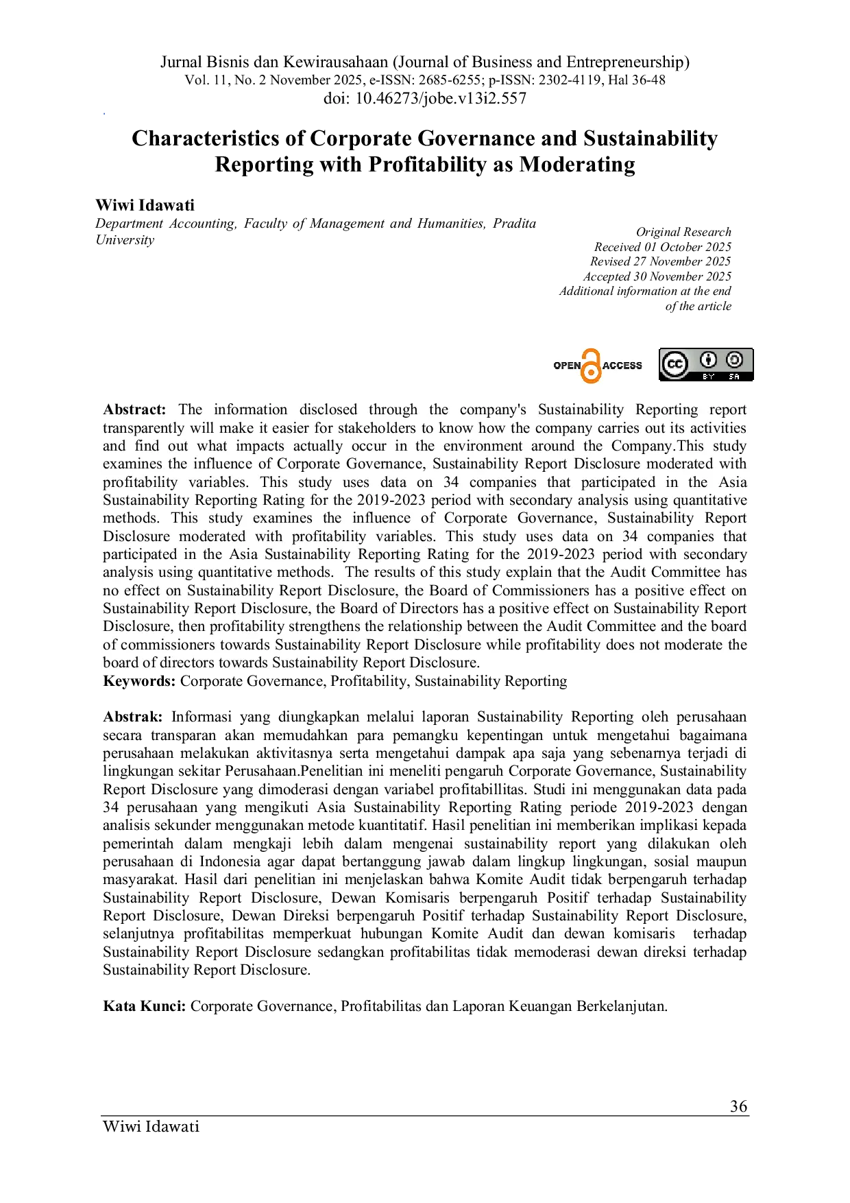 JURIS Characteristics of Corporate Governance and Sustainability Reporting with Profitability as Moderating