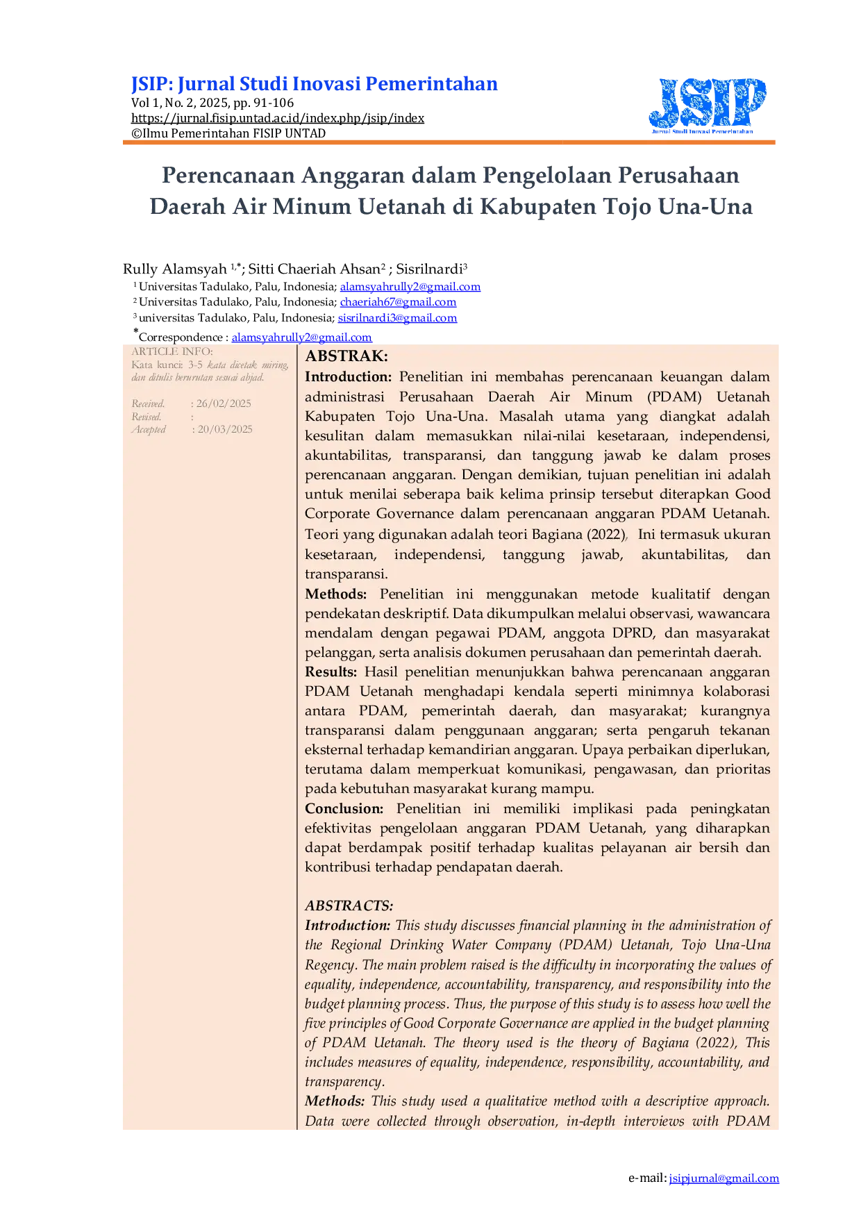JURIS Perencanaan Anggaran dalam Pengelolaan Perusahaan Daerah Air Minum Uetanah di Kabupaten Tojo Una Una
