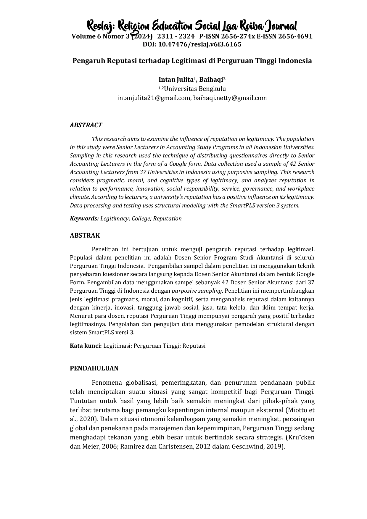 JURIS Pengaruh Reputasi terhadap Legitimasi di Perguruan Tinggi Indonesia