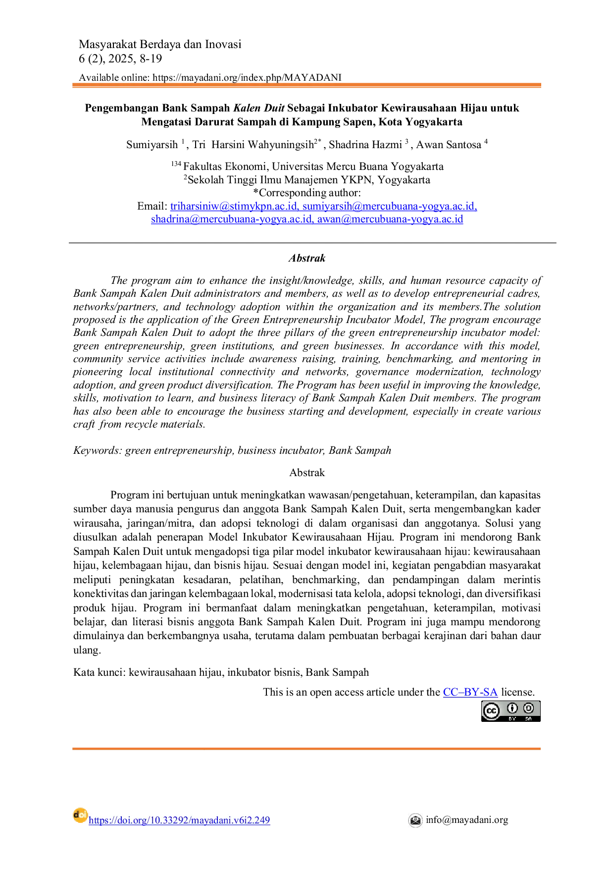 JURIS Pengembangan Bank Sampah Kalen Duit Sebagai Inkubator Kewirausahaan Hijau untuk Mengatasi Darurat Sampah di Kampung Sapen Kota Yogyakarta
