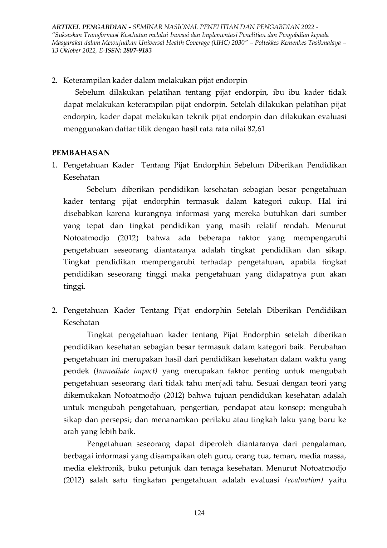 JURIS Pendidikan dan Pelatihan Metode Pijat Endorpin Kepada Kader Kesehatan di Wilayah Kerja Puskesmas Tamansari Kota Tasikmalaya