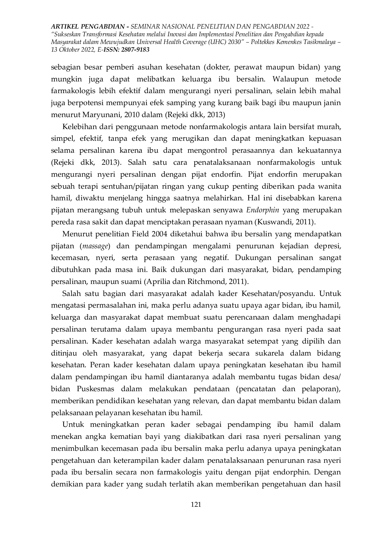 JURIS Pendidikan dan Pelatihan Metode Pijat Endorpin Kepada Kader Kesehatan di Wilayah Kerja Puskesmas Tamansari Kota Tasikmalaya