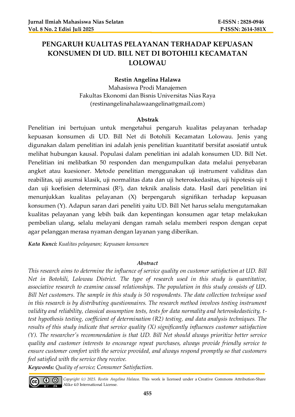 JURIS PENGARUH KUALITAS PELAYANAN TERHADAP KEPUASAN KONSUMEN DI UD BILL NET DI BOTOHILI KECAMATAN LOLOWAU