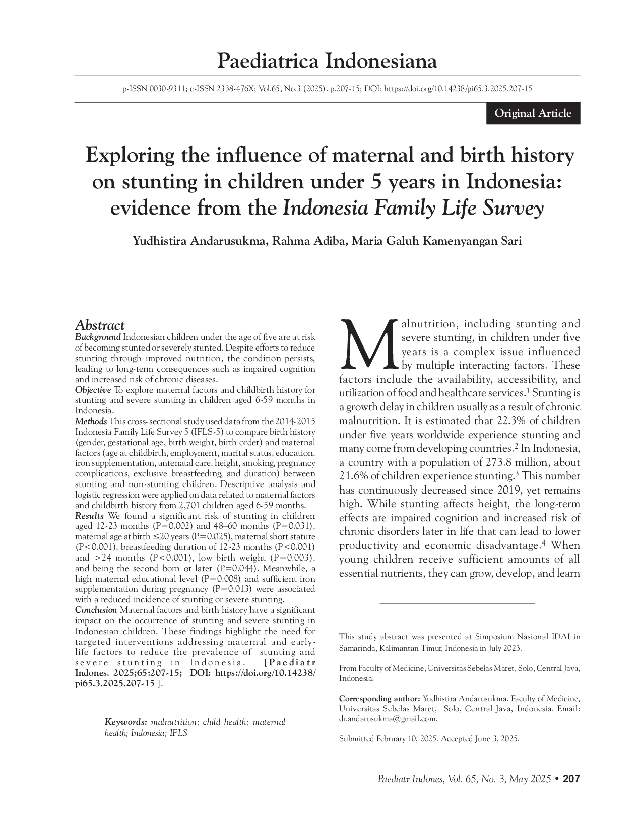 JURIS Exploring the influence of maternal and birth history on stunting in children under 5 years in Indonesia evidence from the Indonesia Family Life Survey