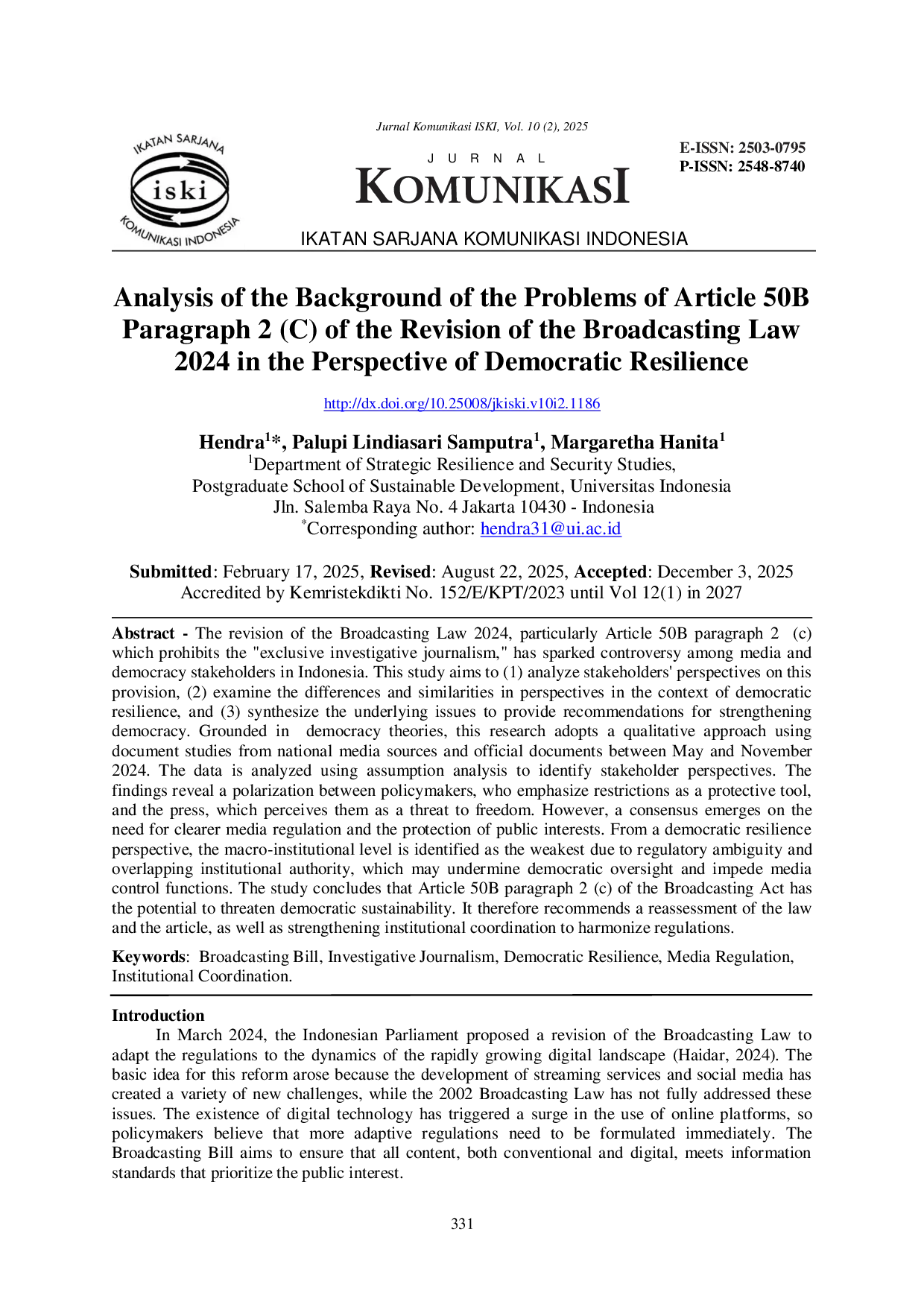 JURIS Analysis of the Background of the Problems of Article 50B Paragraph 2 C of the Revision of the Broadcasting Law 2024 in the Perspective of Democratic Resilience