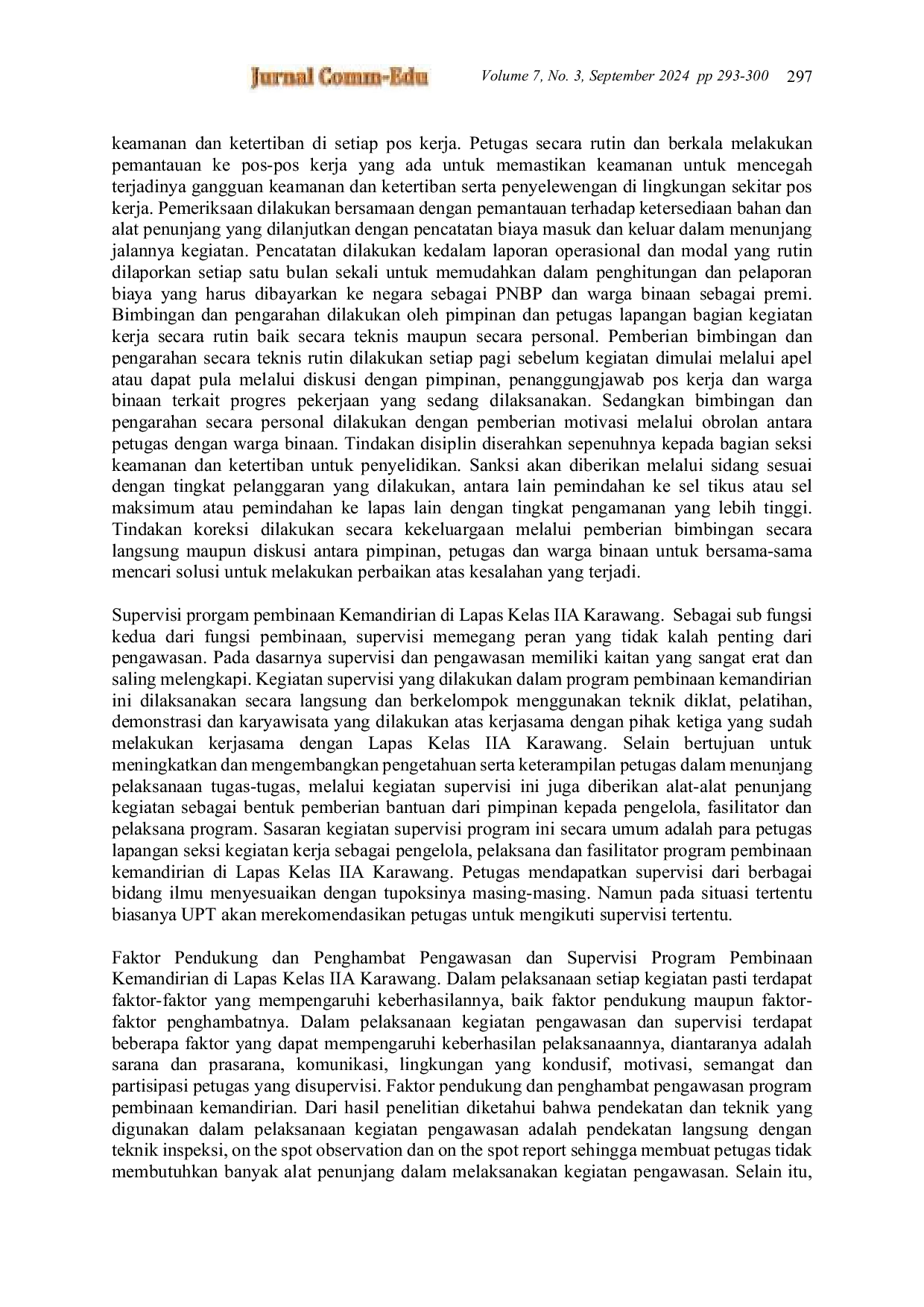 JURIS Pengawasan Dan Supervisi Program Pembinaan Kemandirian Warga Binaan Di Lapas Kelas IIA Karawang