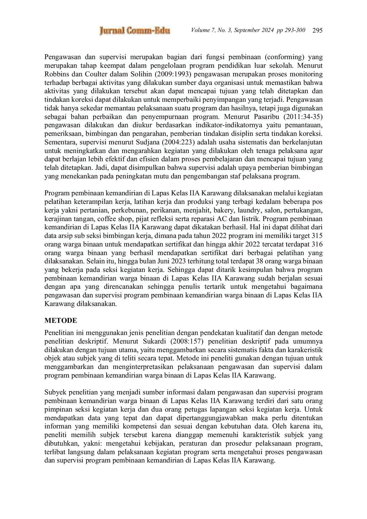 JURIS Pengawasan Dan Supervisi Program Pembinaan Kemandirian Warga Binaan Di Lapas Kelas IIA Karawang