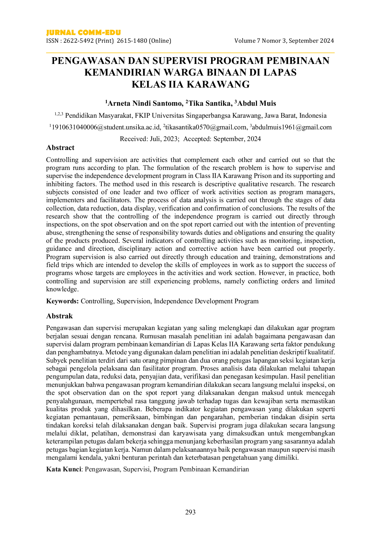 JURIS Pengawasan Dan Supervisi Program Pembinaan Kemandirian Warga Binaan Di Lapas Kelas IIA Karawang