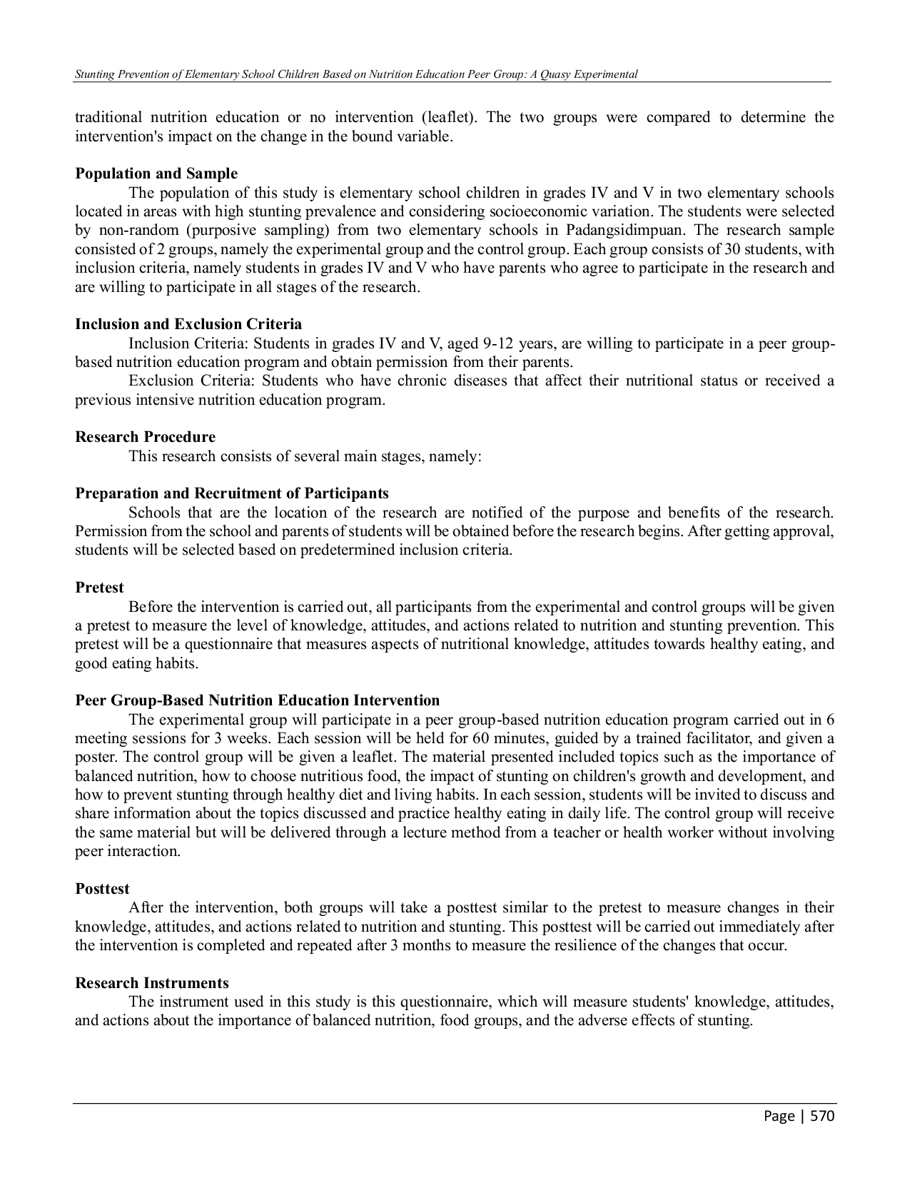 JURIS Stunting Prevention of Elementary School Children Based on Nutrition Education Peer Group A Quasy Experimental