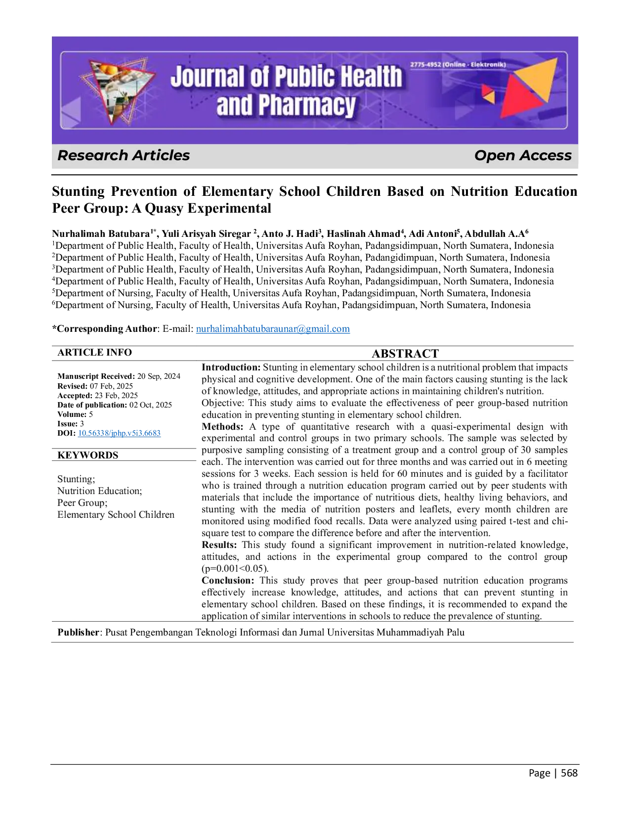 JURIS Stunting Prevention of Elementary School Children Based on Nutrition Education Peer Group A Quasy Experimental
