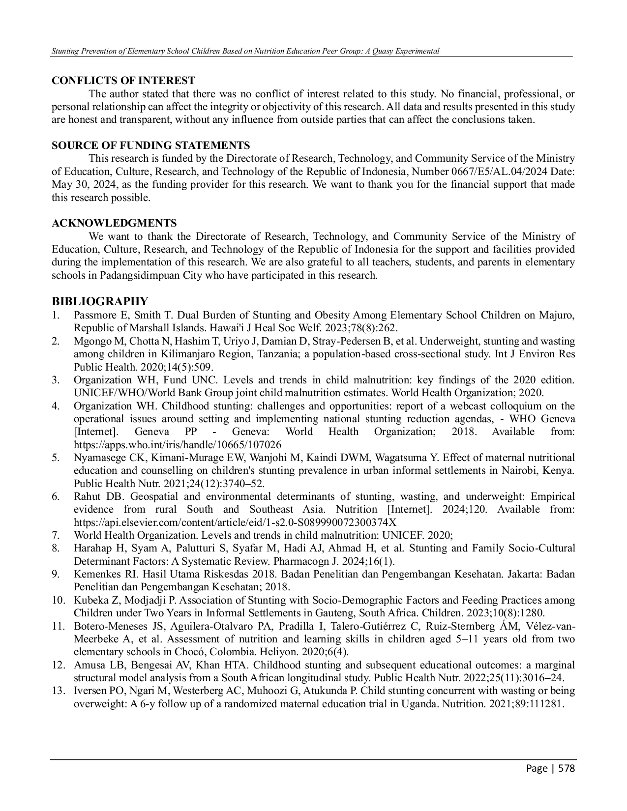 JURIS Stunting Prevention of Elementary School Children Based on Nutrition Education Peer Group A Quasy Experimental