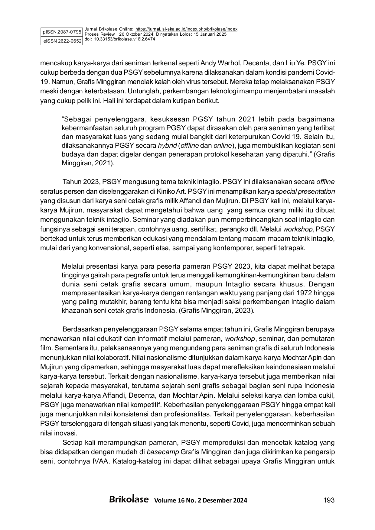 JURIS Pekan Seni Grafis Yogyakarta Sebagai Praktik Budaya Produksi