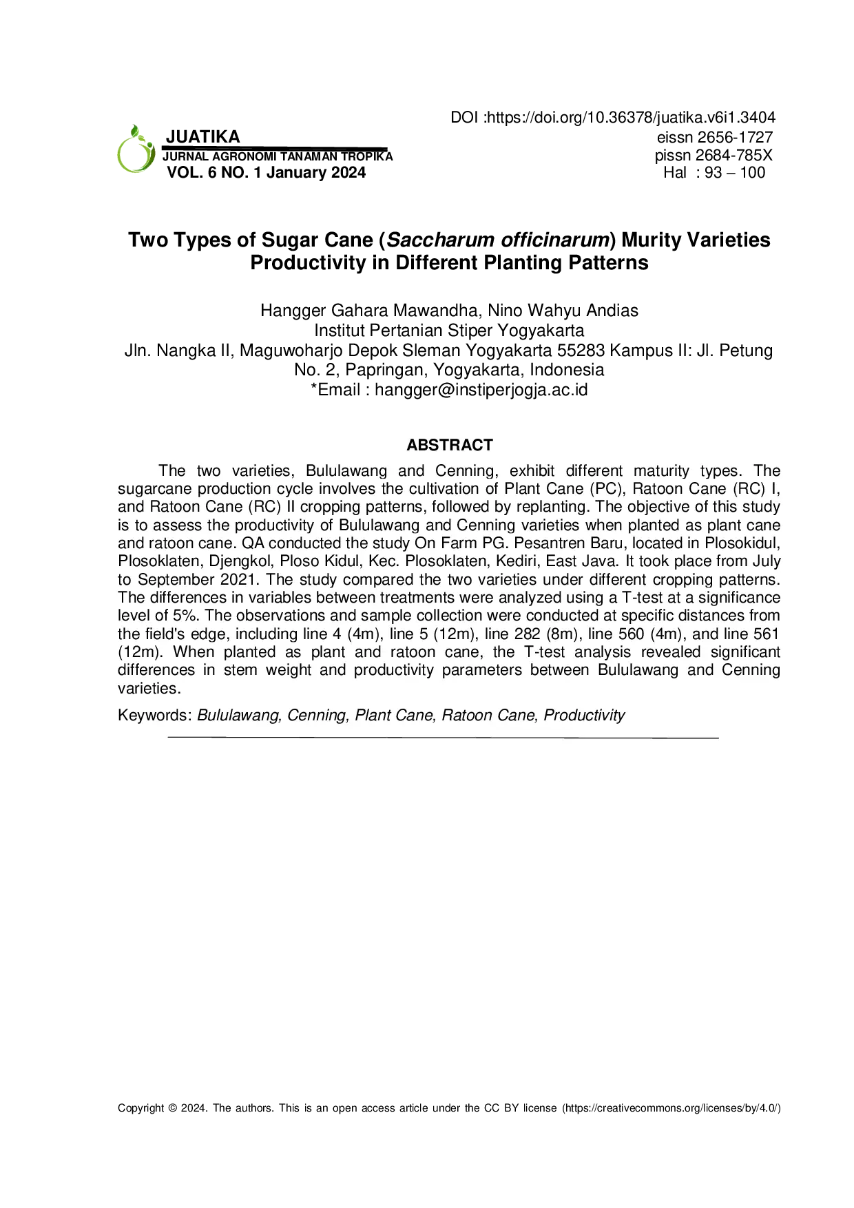 JURIS Two Types of Sugar Cane Saccharum Officinarum Murity Varieties Productivity in Different Planting Patterns