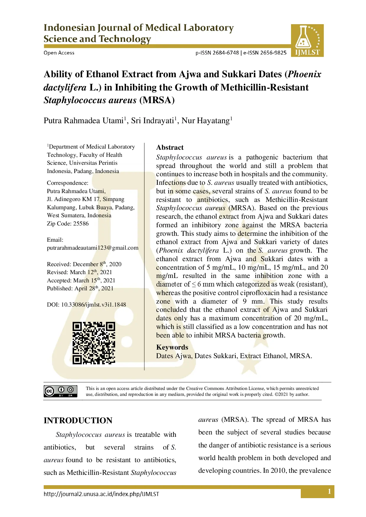 juris Ability of Ethanol Extract from Ajwa and Sukkari Dates Phoenix Dactylifera L in Inhibiting the Growth of Methicillin Resistant Staphylococcus aureus MRSA
