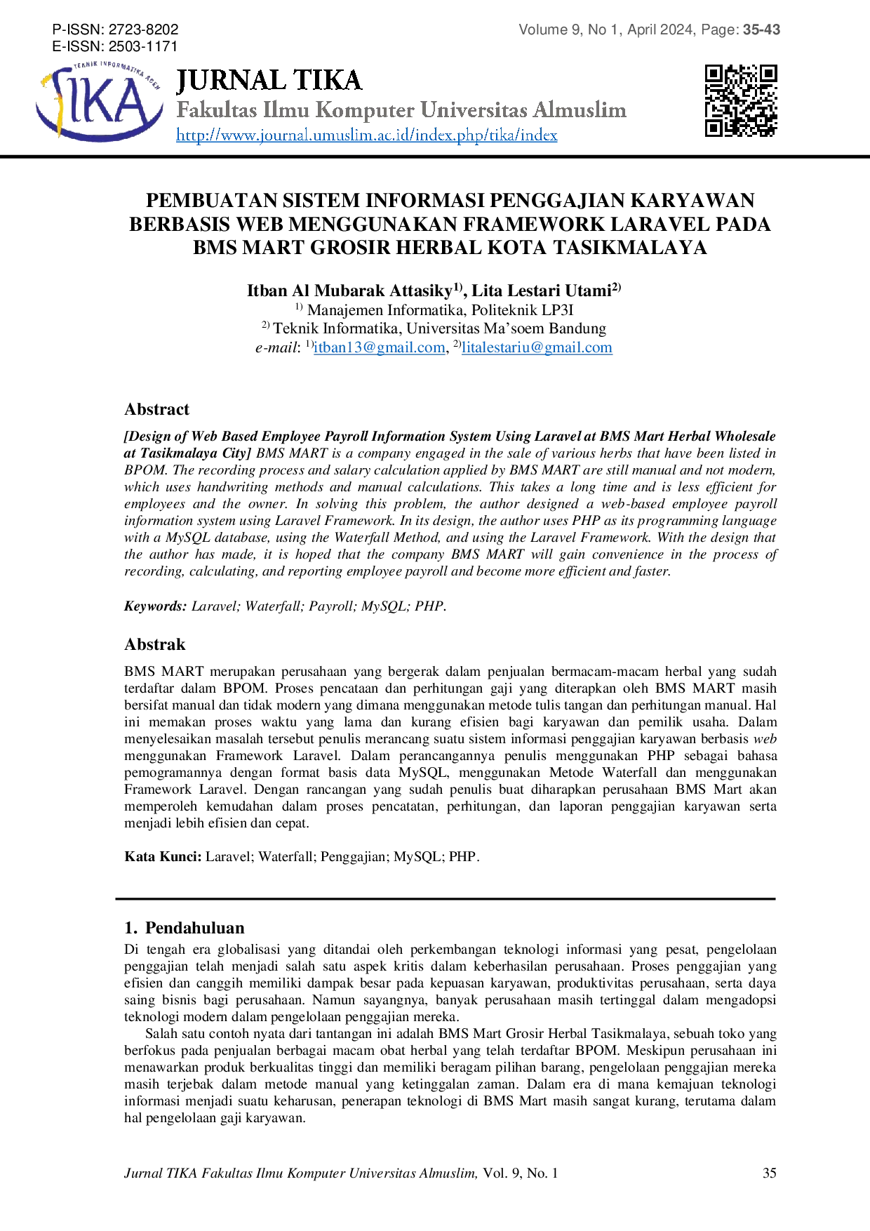 JURIS Design of Web Based Employee Payroll Information System Using Laravel at BMS Mart Herbal Wholesale at Tasikmalaya City