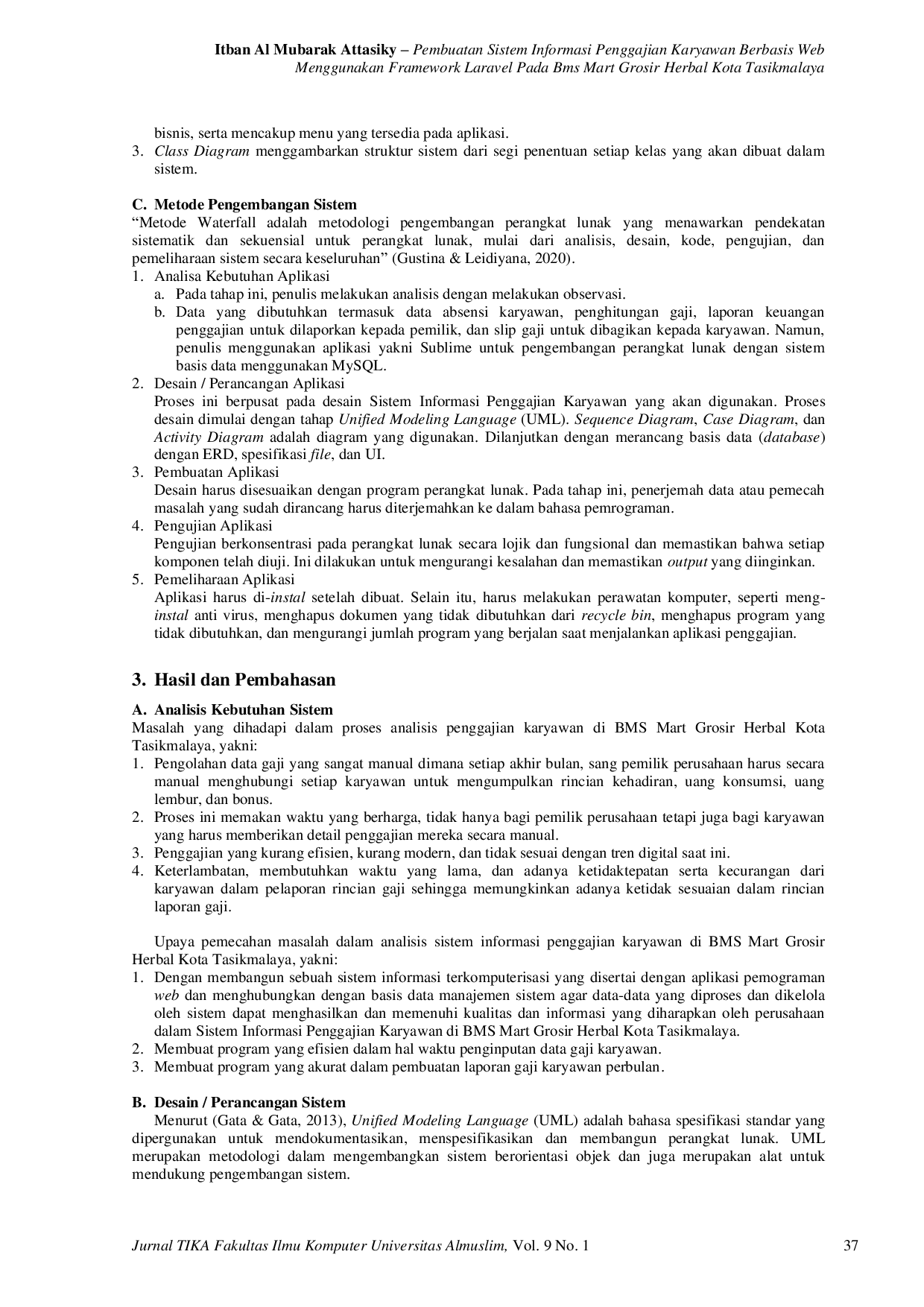 JURIS Design of Web Based Employee Payroll Information System Using Laravel at BMS Mart Herbal Wholesale at Tasikmalaya City