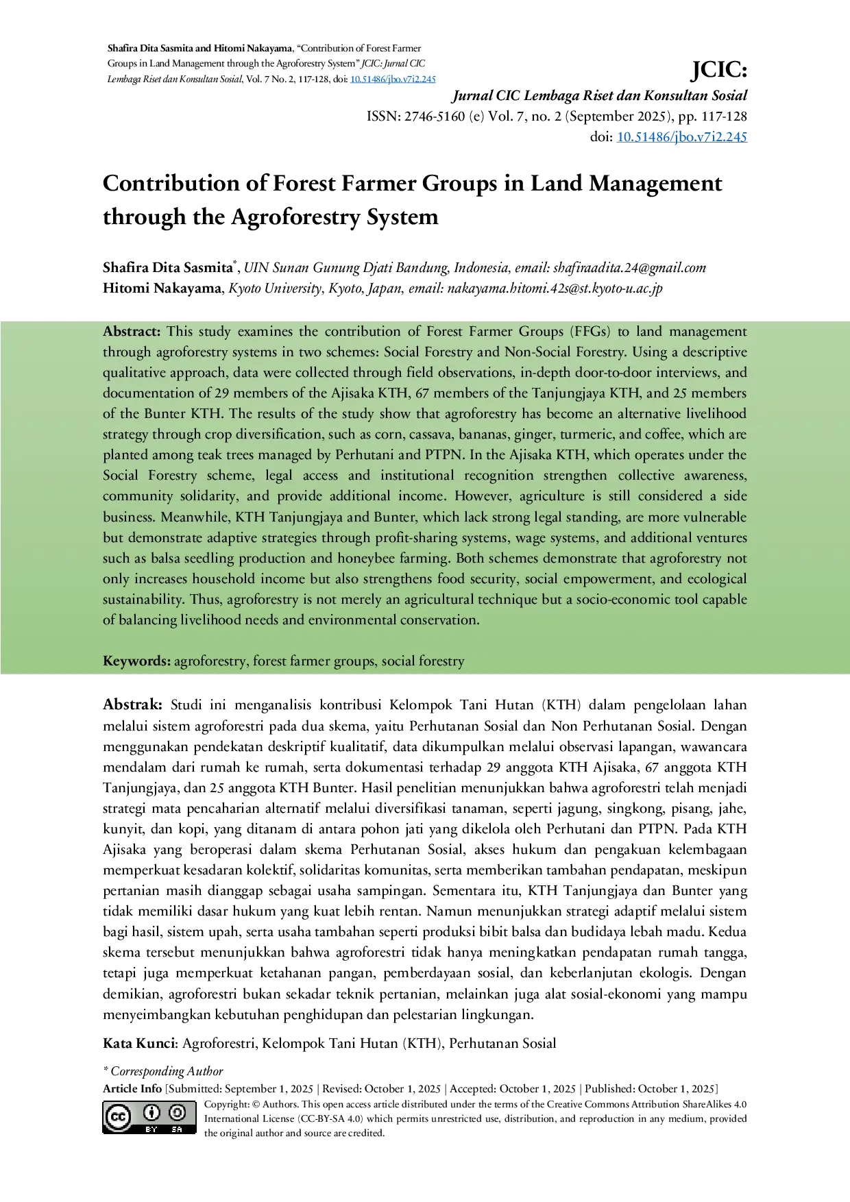 JURIS Contribution of Forest Farmer Groups in Land Management through the Agroforestry System