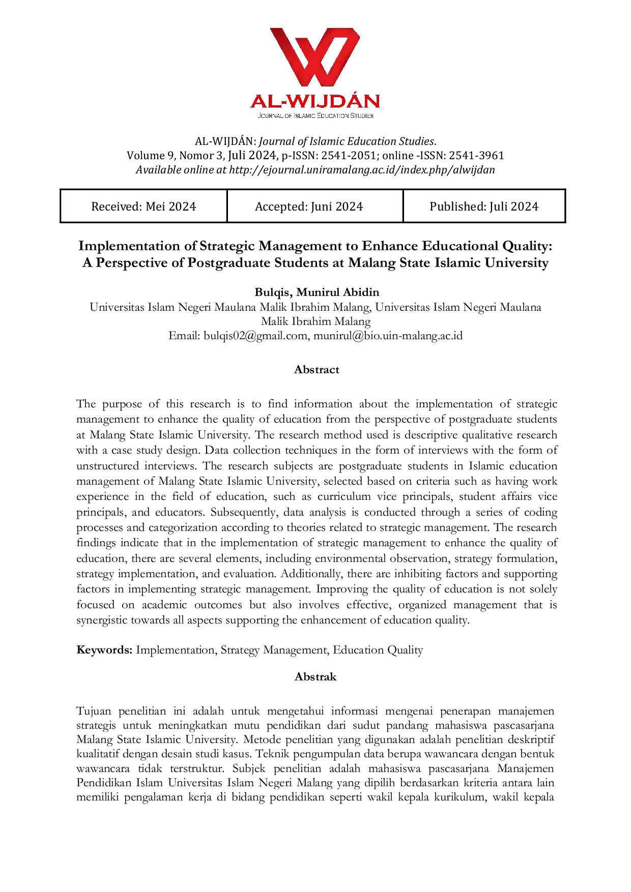 JURIS Implementation Of Strategic Management To Enhance Educational Quality A Perspective Of Postgraduate Students At Malang State Islamic University