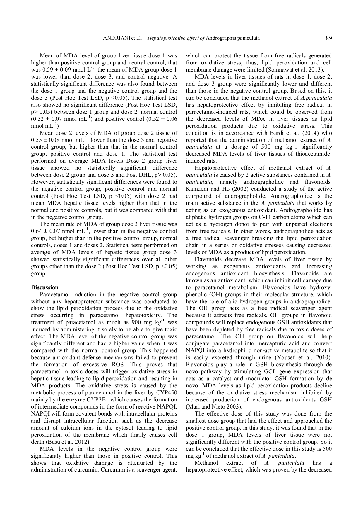 JURIS Short Communication Hepatoprotective effect of methanol extract of sambiloto leaves Andrographis paniculata against malondialdehyde levels in liver tissues of paracetamol induced Wistar rat