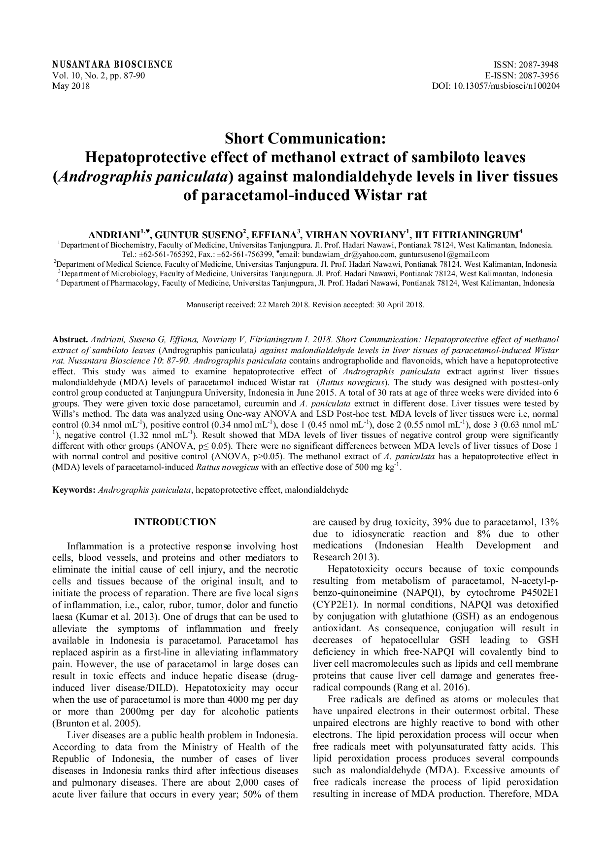 JURIS Short Communication Hepatoprotective effect of methanol extract of sambiloto leaves Andrographis paniculata against malondialdehyde levels in liver tissues of paracetamol induced Wistar rat