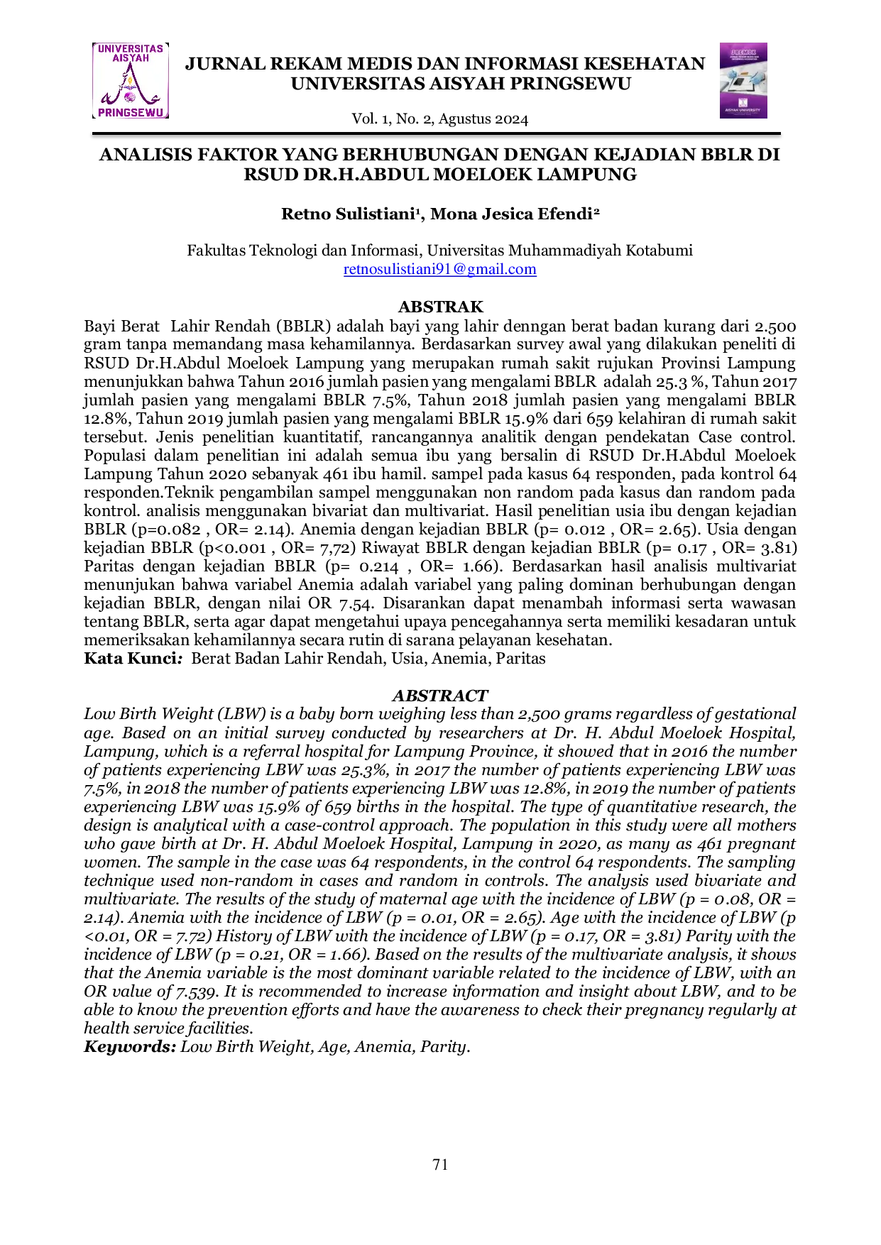 JURIS Analisis Faktor yang Berhubungan dengan Kejadian BBLR di RSUD Dr H Abdul Moeloek Lampung