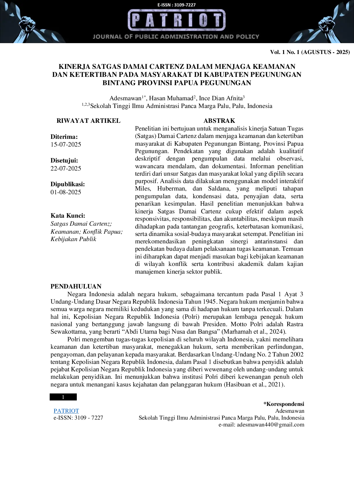 JURIS Kinerja Satgas Damai Cartenz Dalam Menjaga Keamanan Dan Ketertiban Pada Masyarakat Di Kabupaten Pegunungan Bintang Provinsi Papua Pegunungan