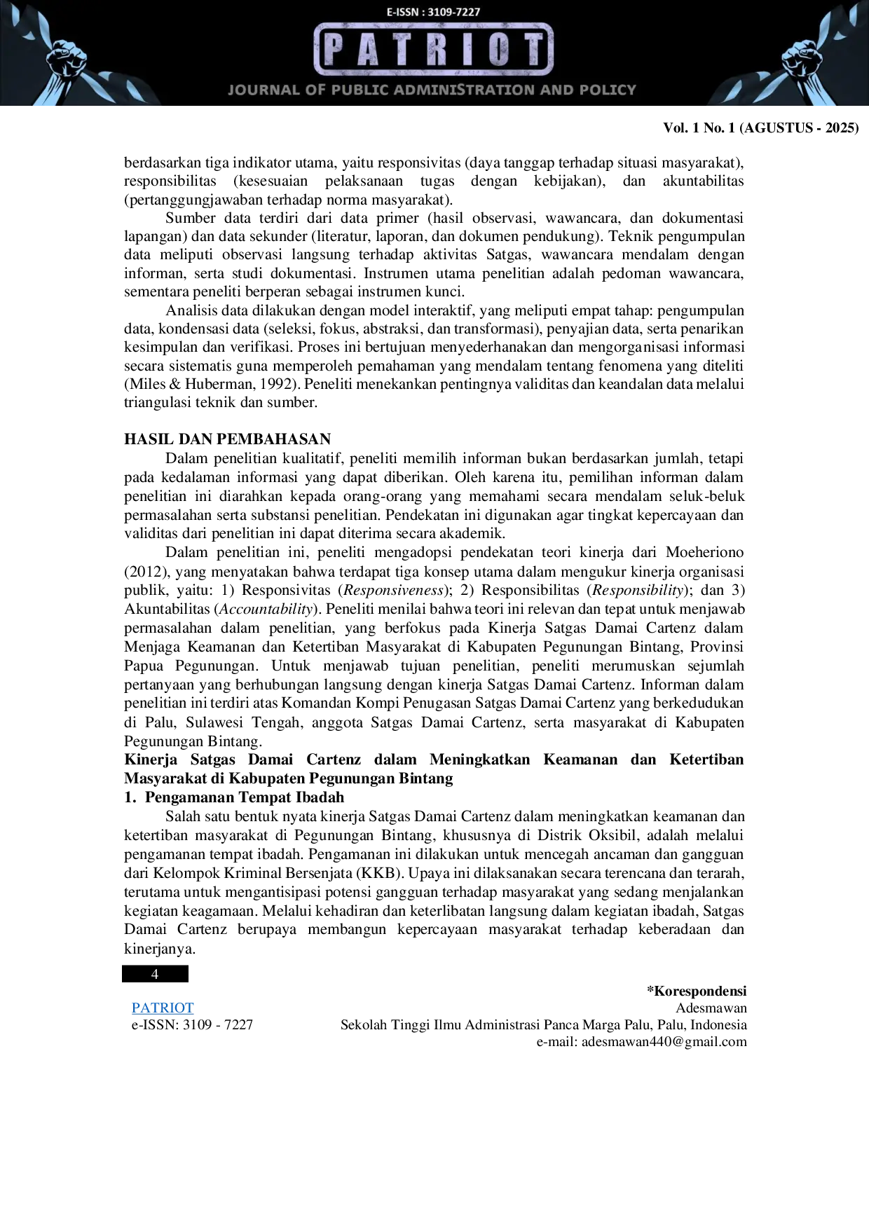 JURIS Kinerja Satgas Damai Cartenz Dalam Menjaga Keamanan Dan Ketertiban Pada Masyarakat Di Kabupaten Pegunungan Bintang Provinsi Papua Pegunungan
