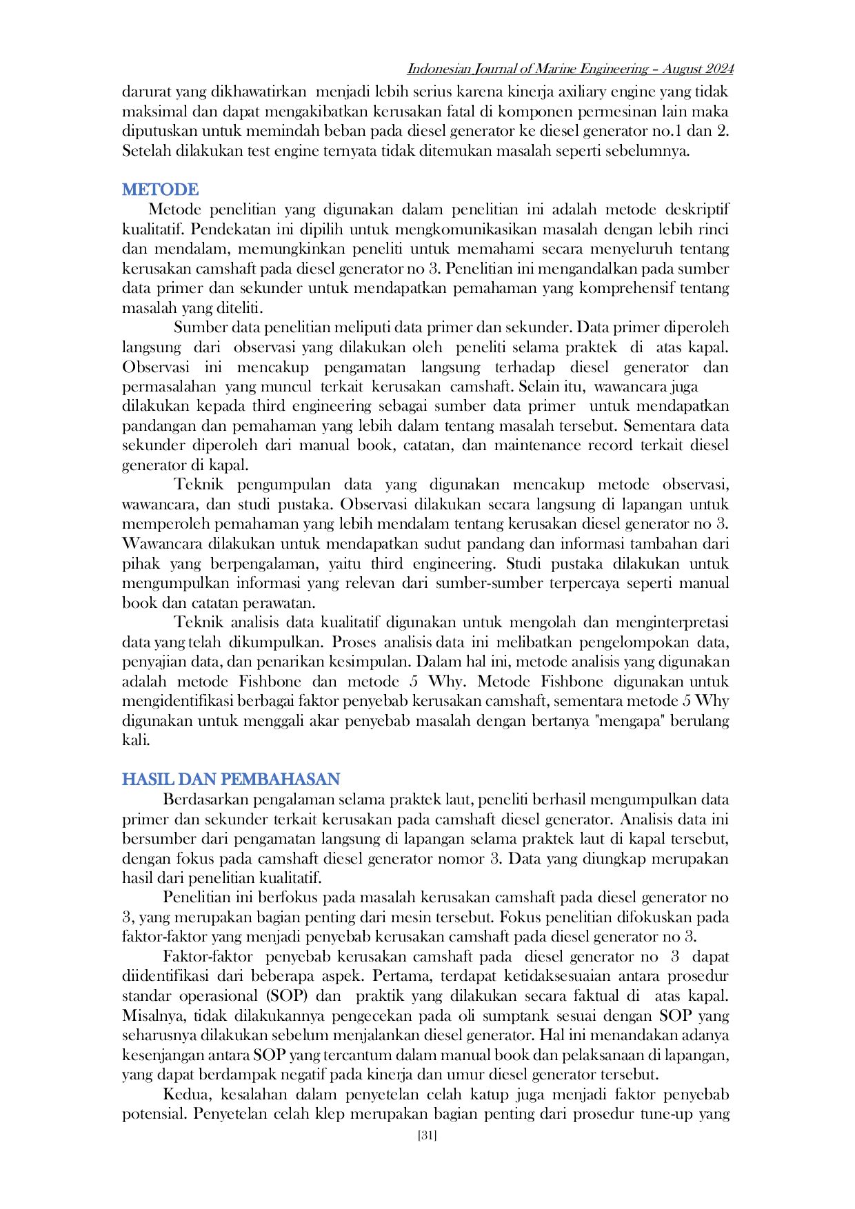 JURIS Analisis Kerusakan Camshaft pada Diesel Generator di Kapal MV Kartini Samudra