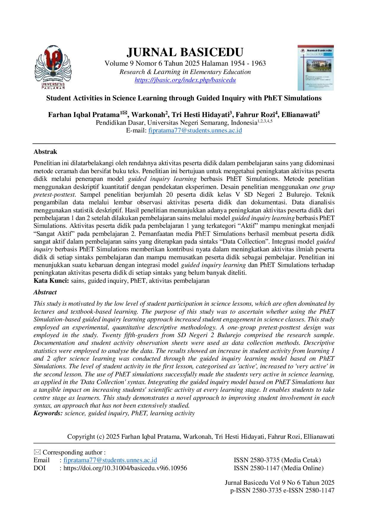 JURIS Student Activities in Science Learning through Guided Inquiry with PhET Simulations