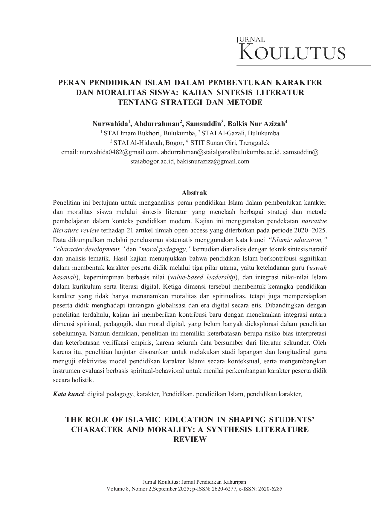 JURIS The Role of Islamic Education in the Formation of Student Character and Morality A Synthesis Literature Review on Strategies and Methods