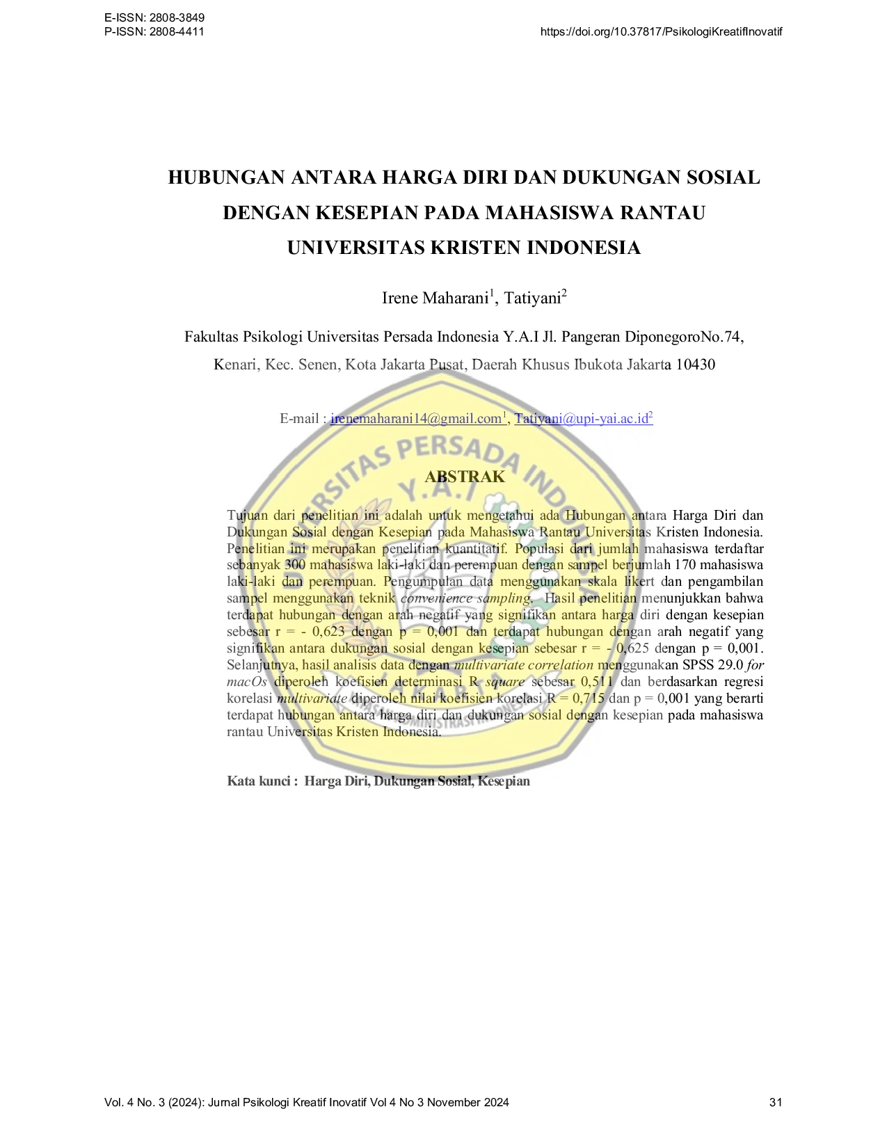 JURIS Hubungan Antara Harga Diri Dan Dukungan Sosial Dengan Kesepian Pada Mahasiswa Rantau Universitas Kristen Indonesia