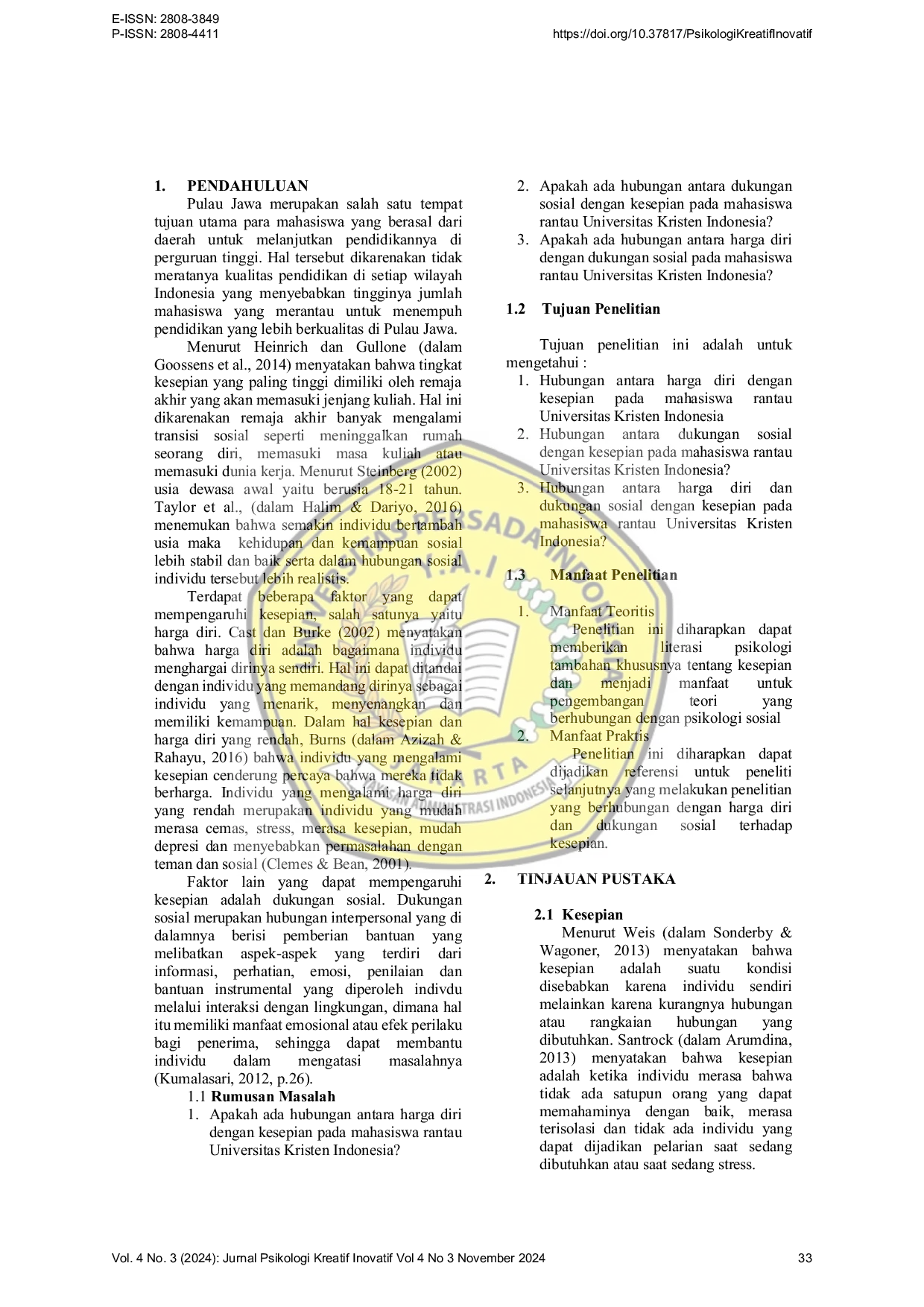 JURIS Hubungan Antara Harga Diri Dan Dukungan Sosial Dengan Kesepian Pada Mahasiswa Rantau Universitas Kristen Indonesia